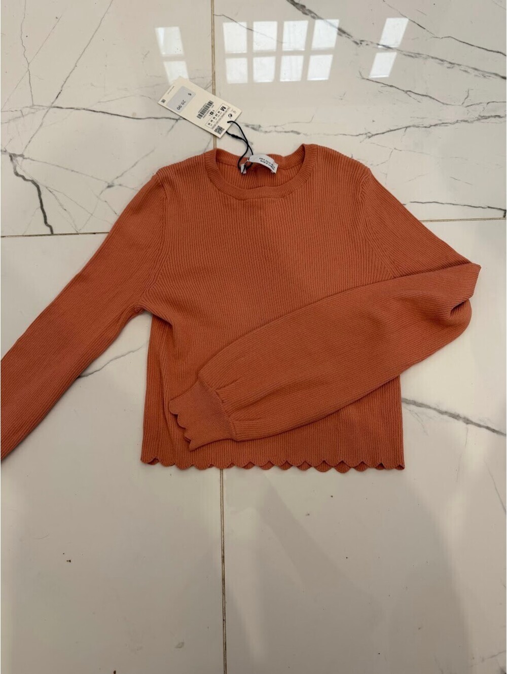 Zara Rust Ribbed Scallop Hem Knit Top NWT M